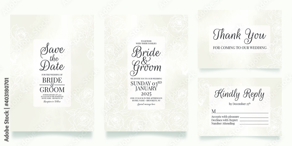 Fototapeta premium Wedding invitation card template set with watercolor background