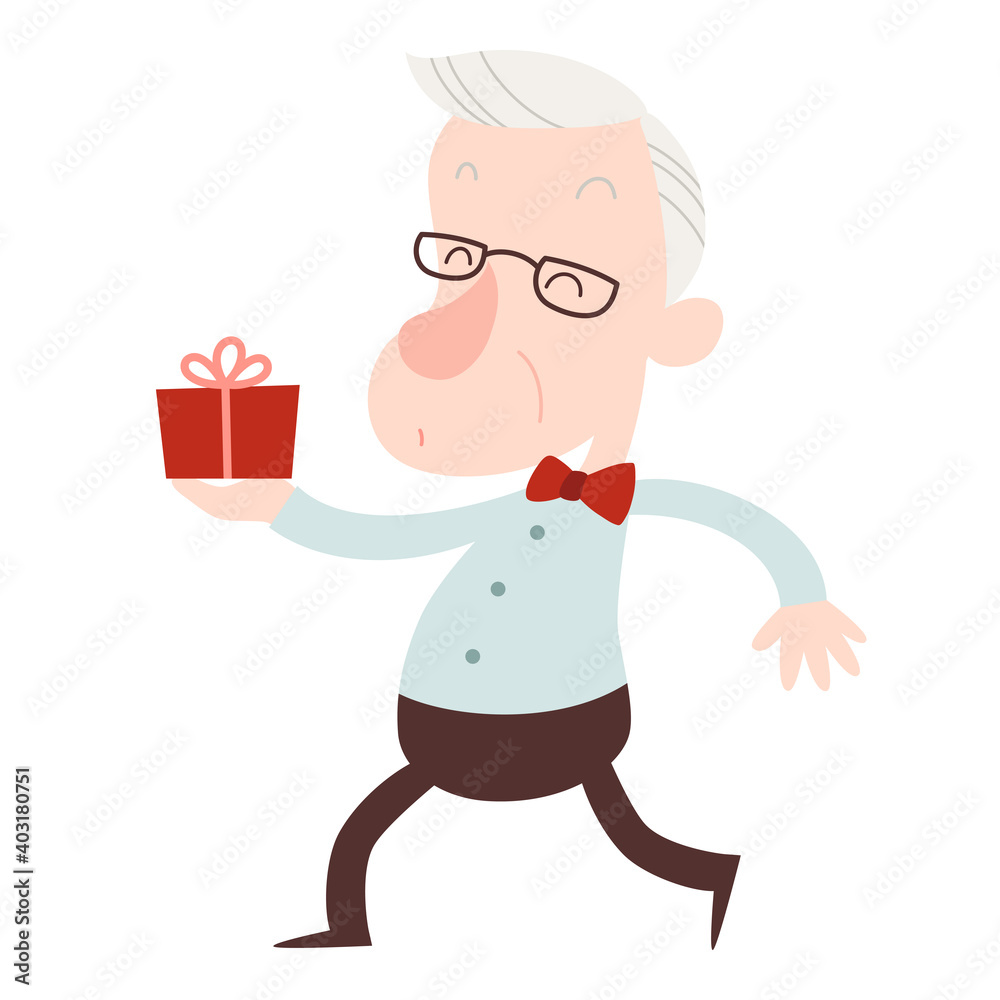 Old man presenting a gift with happy smile. Funny senior gentleman character. Cartoon style vector illustration isolated on white background. Old man presenting a gift with happy smile. Funny senior gentleman character. Cartoon style vector illustration isolated on white background.
