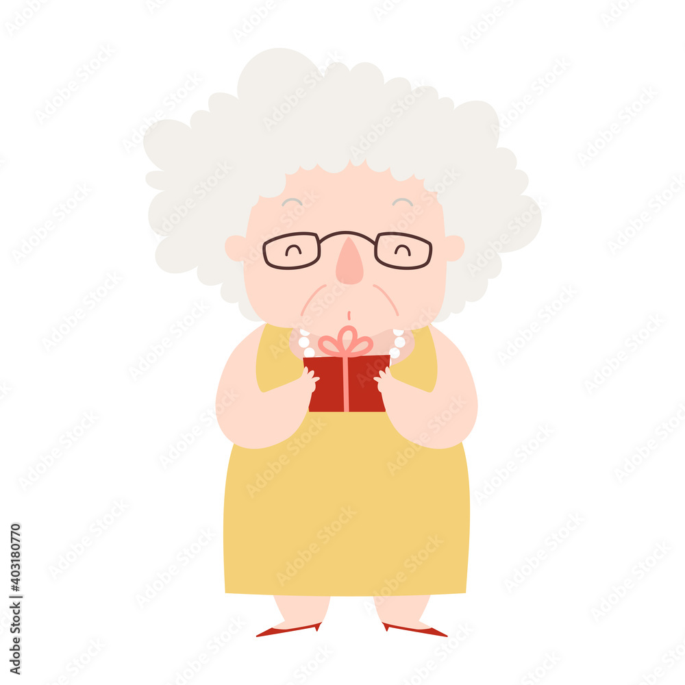 Cute and happy senior woman character holding a gift box. Cartoon style vector illustration isolated on white background. Cute and happy senior woman character holding a gift box. Cartoon style vector illustration isolated on white background.