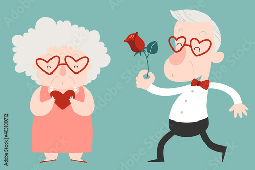 Happy senior couple celebrating Valentine's Day. Old man presenting rose and old woman holding heart. Cartoon style flat vector illustration.