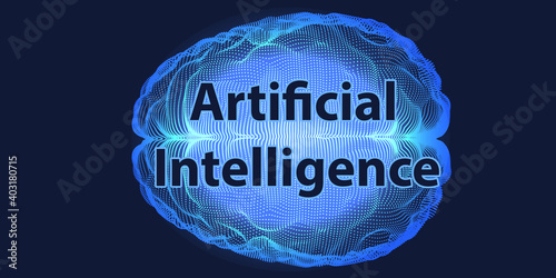 Abstract brain with blue particles on dark background. Artificial intelligence. Science and technology neural network concept. Vector illustration.
