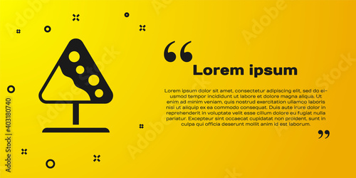 Black Road sign avalanches icon isolated on yellow background. Snowslide or snowslip rapid flow of snow down a sloping surface. Vector.