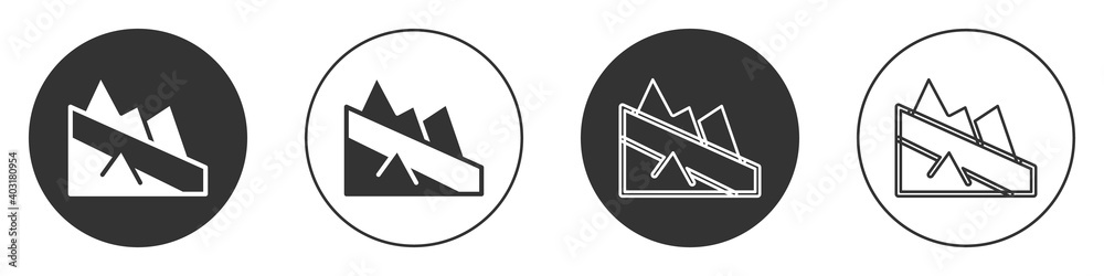 Black Mountain descent icon isolated on white background. Symbol of victory or success concept. Circle button. Vector. Black Mountain descent icon isolated on white background. Symbol of victory or success concept. Circle button. Vector.