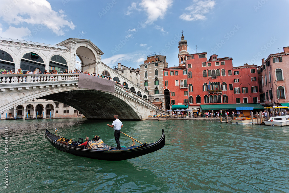 Gondola on the Canal Grande, Venice, heading to the Rialto bridge