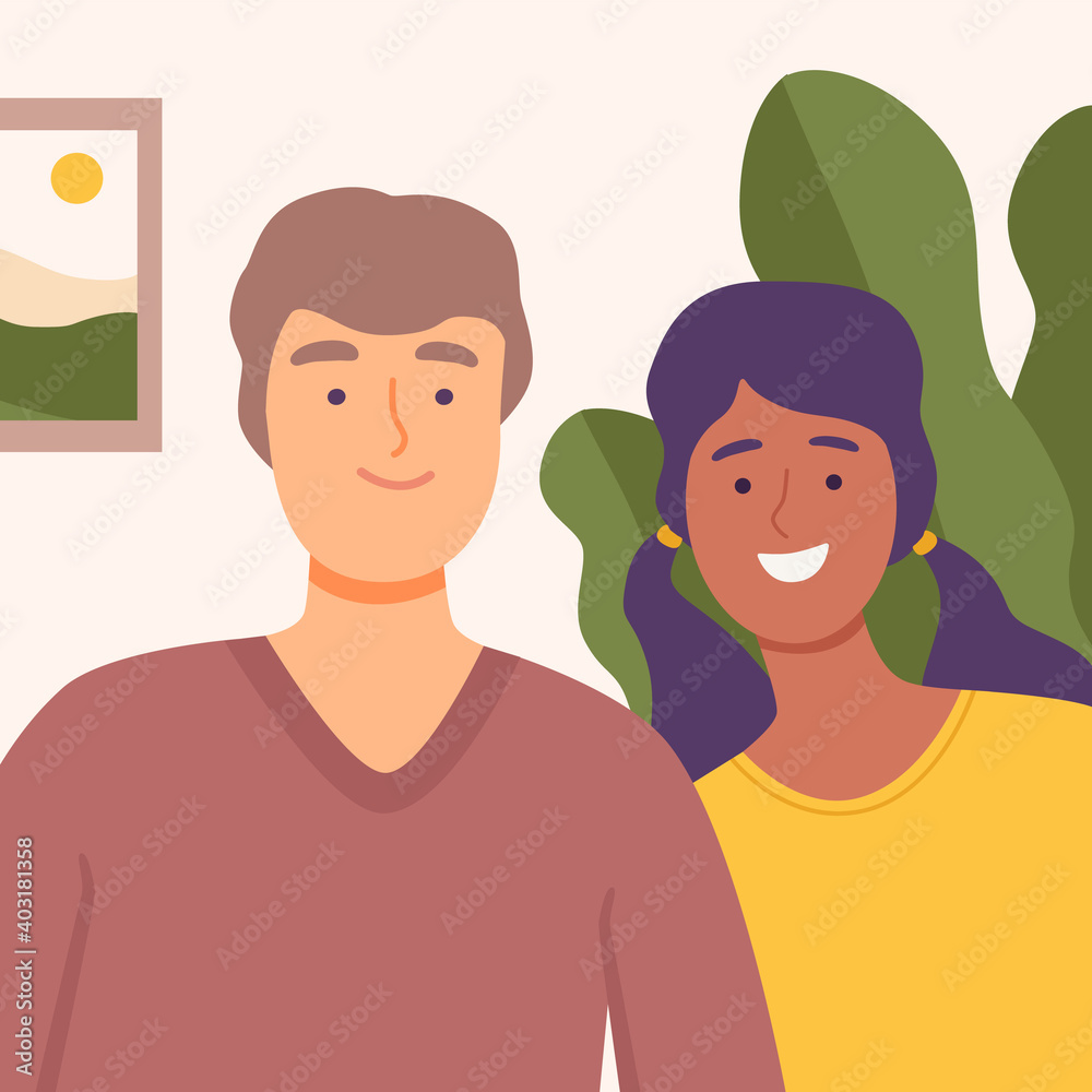 Fototapeta premium Young Couple Communicating Online from Home, Video Call, Online Meeting, Chatting with Friends or Relatives by Internet, Quarantine, Isolation Concept Vector Illustration