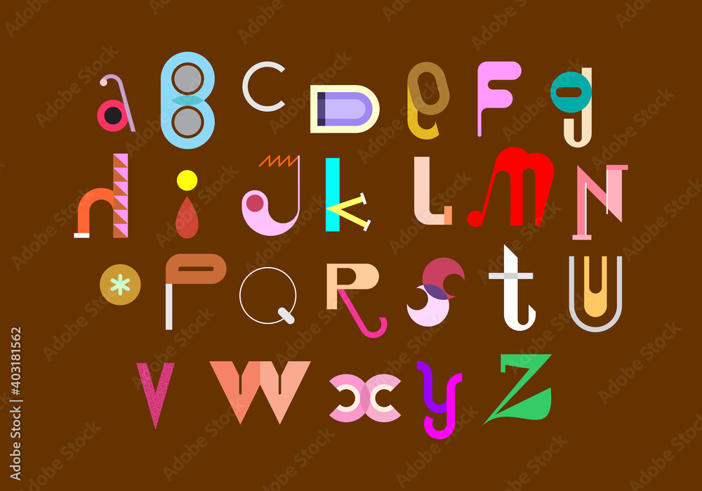 Abstract decorative font, vector design. Colored abstract font design isolated on a brown background. Alphabet letters formed by geometric shapes.