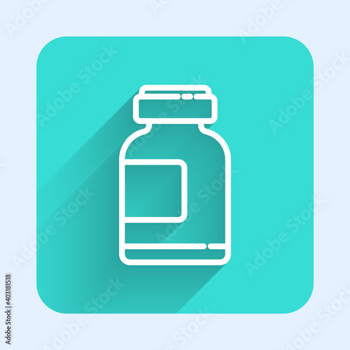 White line Sports nutrition bodybuilding proteine power drink and food icon isolated with long shadow. Green square button. Vector Illustration.