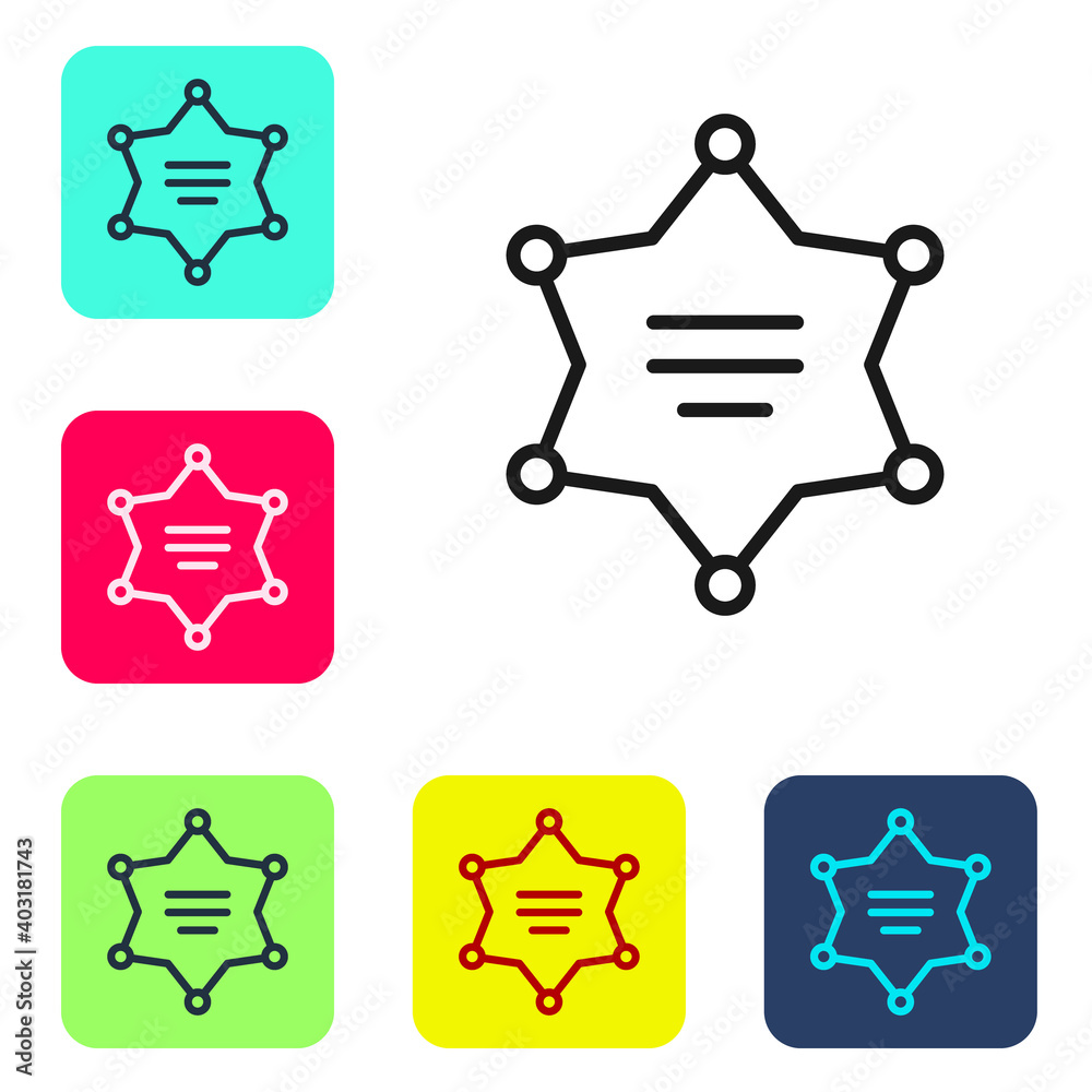 Black line Hexagram sheriff icon isolated on white background. Police badge icon. Set icons in color square buttons. Vector Illustration. Black line Hexagram sheriff icon isolated on white background. Police badge icon. Set icons in color square buttons. Vector Illustration.