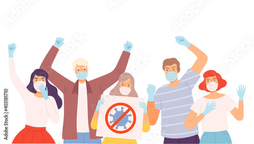 Group of People Wearing Protective Medical Face Masks Protesting against Measures Aimed at Slowing the Spread of the Virus Cartoon Style Vector Illustration
