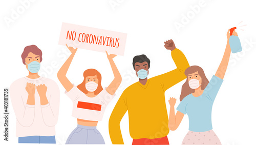 Group of People Wearing Protective Medical Face Masks Protesting gainst Spread of Coronavirus Cartoon Style Vector Illustration