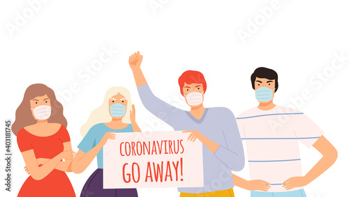 Group of People Wearing Protective Medical Face Masks Holding Poster Protesting against Spread of Coronavirus Cartoon Style Vector Illustration