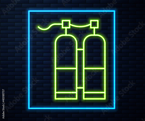 Glowing neon line Aqualung icon isolated on brick wall background. Oxygen tank for diver. Diving equipment. Extreme sport. Sport equipment. Vector Illustration.
