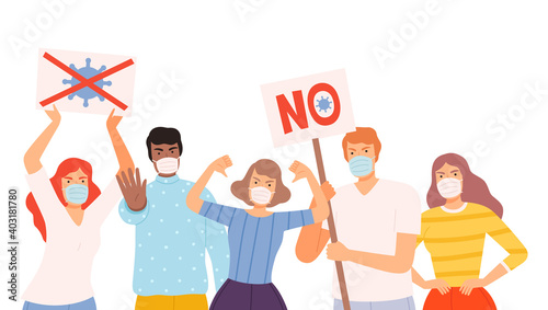 Group of People Wearing Protective Medical Face Masks Holding Stop Signs Protesting against Spread of Coronavirus Cartoon Style Vector Illustration