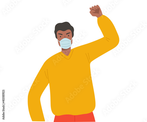 Man Wearing Protective Medical Face Mask Protesting against Virus Spread and Unemployment Caused by Pandemic Cartoon Style Vector Illustration