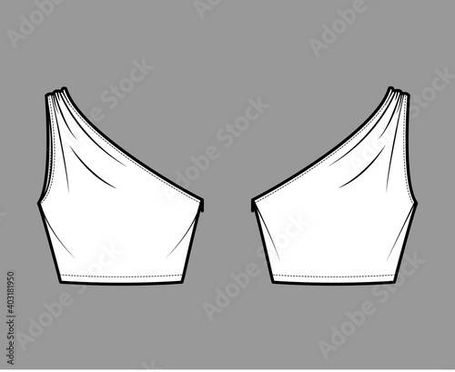 Crop top One-shoulder with ruching tank technical fashion illustration with fitted slim body, waist length. Flat outwear shirt apparel template front, back, white color. Women, men unisex CAD mockup