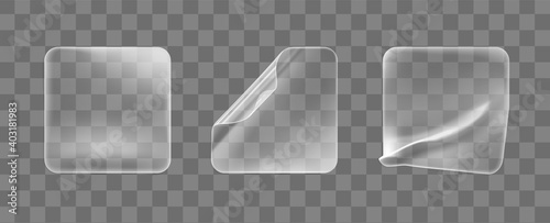 Transparent glued crumpled square stickers with curled corners mock up set. Blank adhesive transparent paper or plastic sticker label with curled and wrinkled effect. 3d realistic vector icon