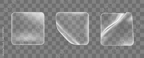 Transparent glued crumpled square stickers with curled corners mock up set. Blank adhesive transparent paper or plastic sticker label with curled and wrinkled effect. 3d realistic vector icon