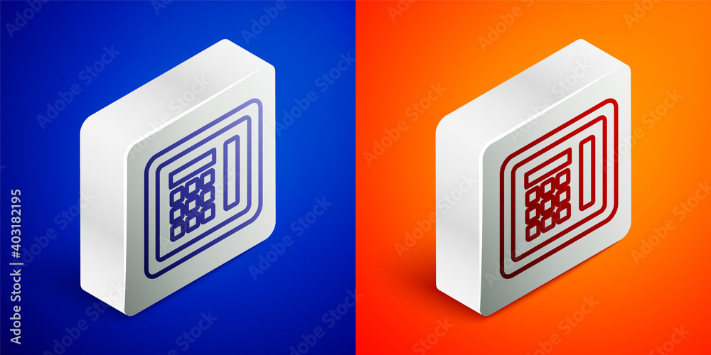 Isometric line Safe icon isolated on blue and orange background. The door safe a bank vault with a combination lock. Reliable Data Protection. Silver square button. Vector Illustration. Isometric line Safe icon isolated on blue and orange background. The door safe a bank vault with a combination lock. Reliable Data Protection. Silver square button. Vector Illustration.