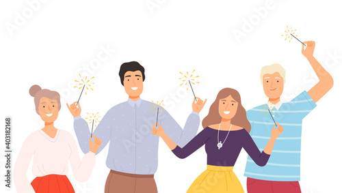 Group of Happy People Holding Burning Sparklers, Smiling Men and Women Celebrating Holidays Together Cartoon Style Vector Illustration