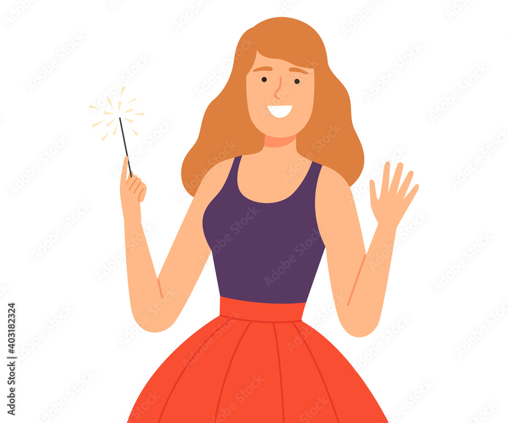 Joyful Young Woman Holding Burning Sparklers, Happy Girl Celebrating Holiday Event Cartoon Style Vector Illustration Joyful Young Woman Holding Burning Sparklers, Happy Girl Celebrating Holiday Event Cartoon Style Vector Illustration