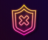 Glowing neon line Shield with cross mark icon isolated on black background. Shield and rejected. Notice of refusal. Vector.