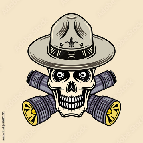 Skull of boy scout in hat with flashlights vector