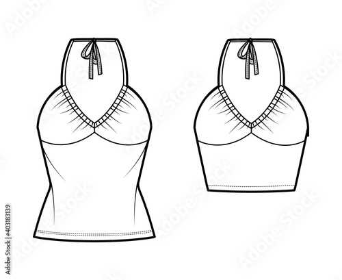 Set of Tops V-neck halter tanks technical fashion illustration with empire seam, thin tieback, slim fit, bow, crop, tunic length. Flat outwear template front white color. Women men CAD mockup