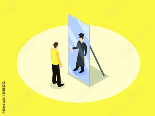 Young man looking at his future self graduated isometric 3d vector concept for banner, website, illustration, landing page, flyer, etc.