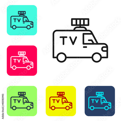 Black line TV News car with equipment on the roof icon isolated on white background. Set icons in color square buttons. Vector.