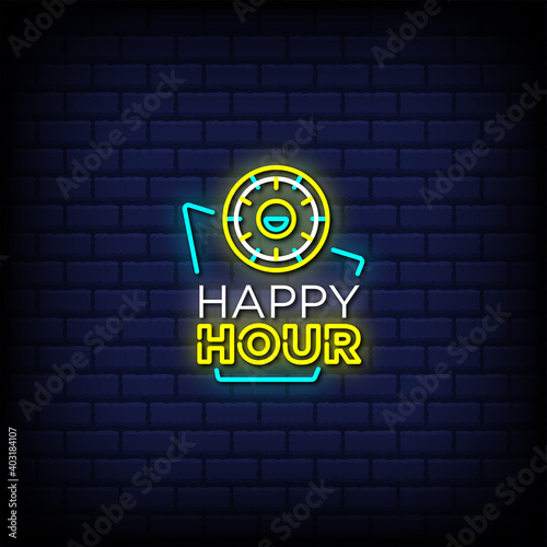 Happy hour neon signs style text Premium Vector