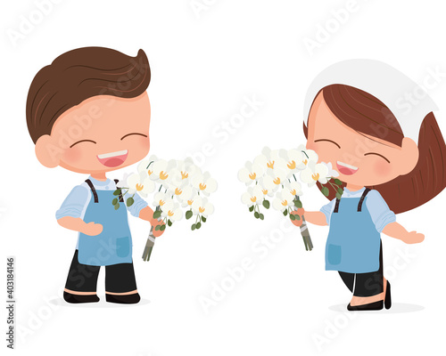 cute flat style young florist couple with white Phalaenopsis orchid bouquet isolated on white background