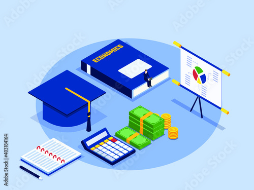 Economics graduates isometric 3d vector concept for banner, website, illustration, landing page, flyer, etc.