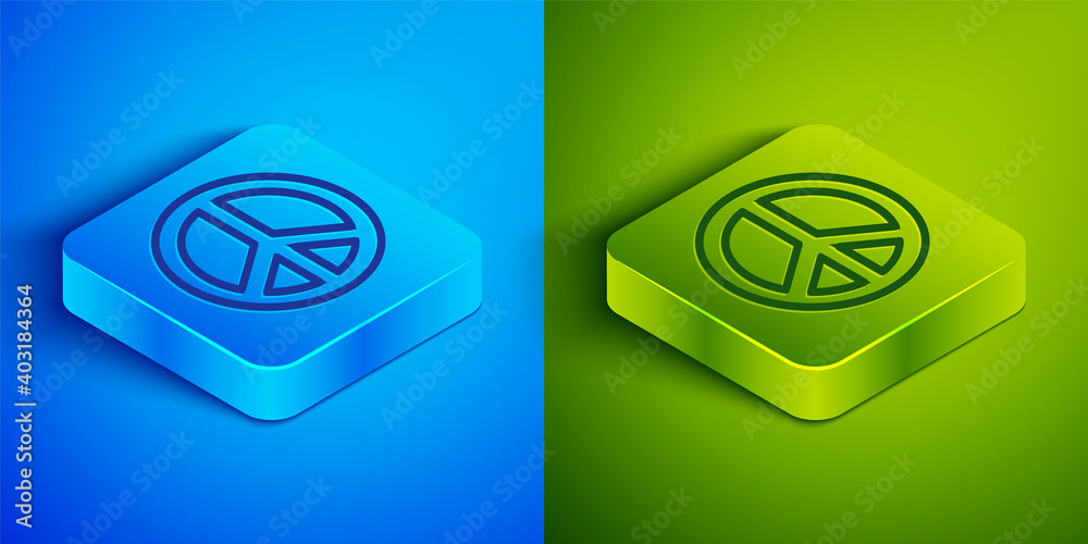 Isometric line Peace icon isolated on blue and green background. Hippie symbol of peace. Square button. Vector. Isometric line Peace icon isolated on blue and green background. Hippie symbol of peace. Square button. Vector.