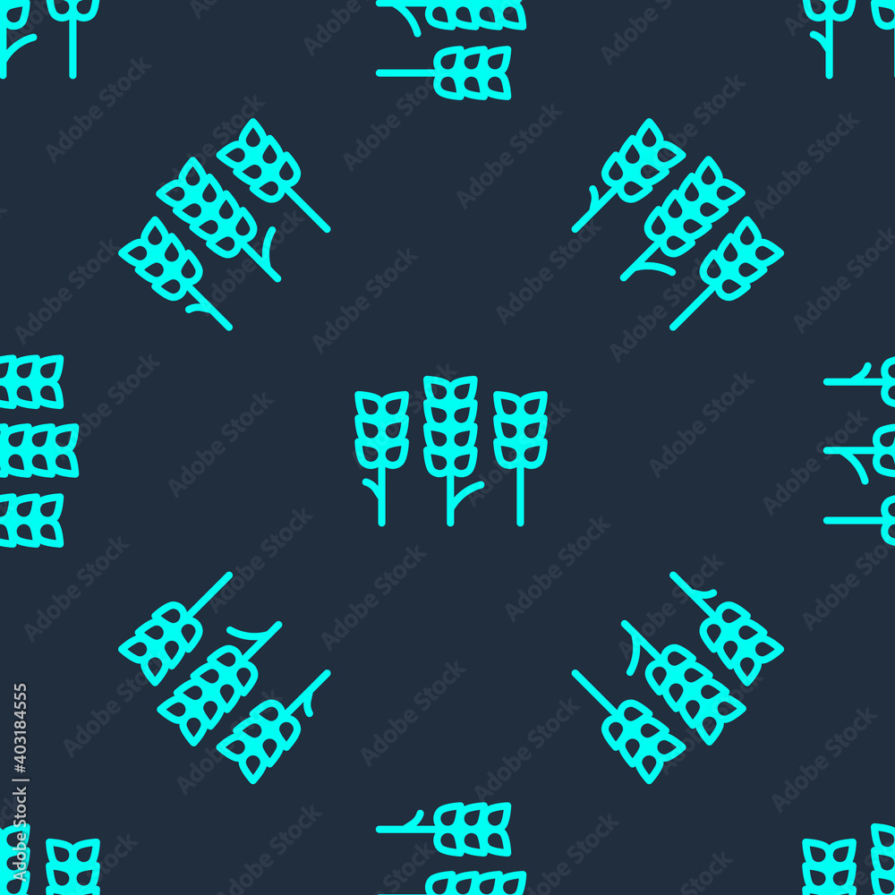 Green line Cereals set with rice, wheat, corn, oats, rye, barley icon isolated seamless pattern on blue background. Ears of wheat bread symbols. Vector. Green line Cereals set with rice, wheat, corn, oats, rye, barley icon isolated seamless pattern on blue background. Ears of wheat bread symbols. Vector.
