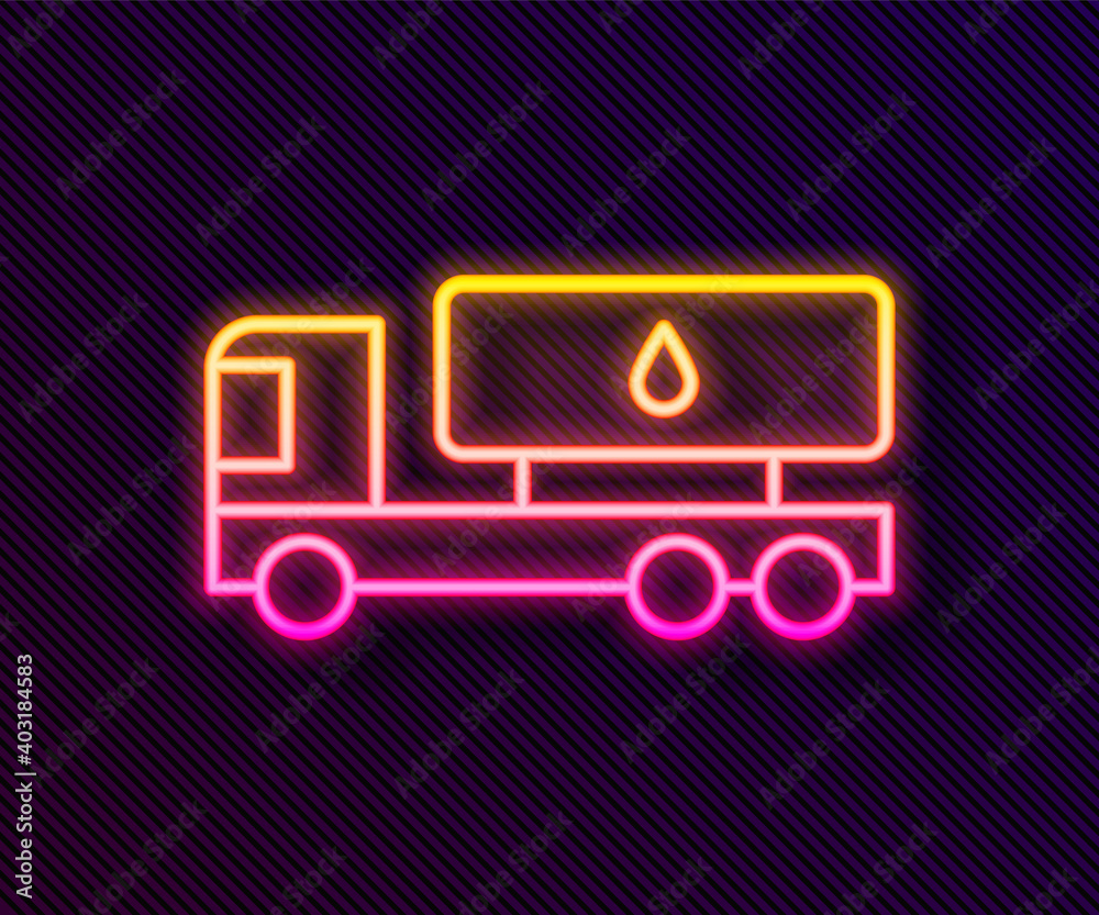 Obraz premium Glowing neon line Tanker truck icon isolated on black background. Petroleum tanker, petrol truck, cistern, oil trailer. Vector.