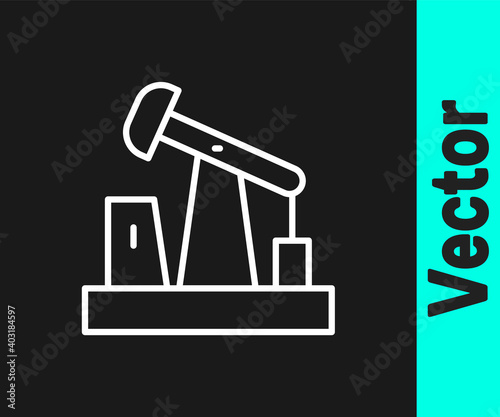 White line Oil pump or pump jack icon isolated on black background. Oil rig. Vector.