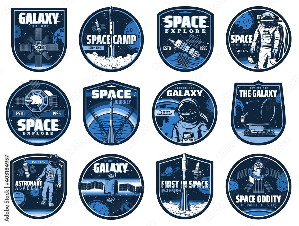Outer space vector icons with glitch effect. Astronaut academy, galaxy, rocket. Cosmos explore shuttles expedition, exploration or adventure. Satellite space camp, rover on alien planet surface labels