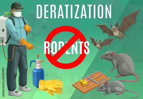 Deratization, rodent extermination service vector poster. Rats and bats pest control, domestic and office mice extermination, exterminator with press sprayer, mousetrap, sanitary deratization service
