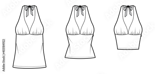Set of Tops empire seam and tieback halter tank technical fashion illustration with close-fitting, oversized shape, crop, tunic length. Flat template front, white color. Women unisex CAD mockup