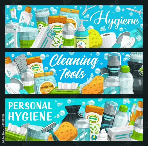 Hygiene, personal health care wash and clean products, vector banners. Bathroom and skincare toiletries, washing sponge and paper towel wipes, shaving foam and shower gel, toothbrush and dental floss