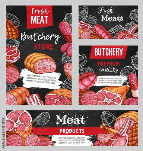 Meat, butcher shop sketch beef, pork and lamb food, vector chalkboard menu. Butchery farm market meat and sausages, steaks, ham and barbecue ribs, chicken, bacon pork filet and roast beef in sketch