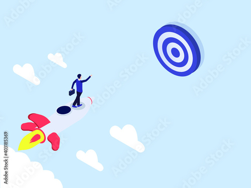 Businessman flying on rocket isometric 3d vector concept for banner, website, illustration, landing page, flyer, etc.