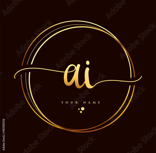 AI Initial handwriting logo golden color. Hand lettering Initials logo branding, Feminine and luxury logo design isolated on black background.