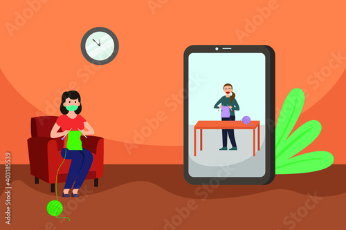 Online class vector concept: Young woman watching knitting tutorial on her smartphone while wearing face mask