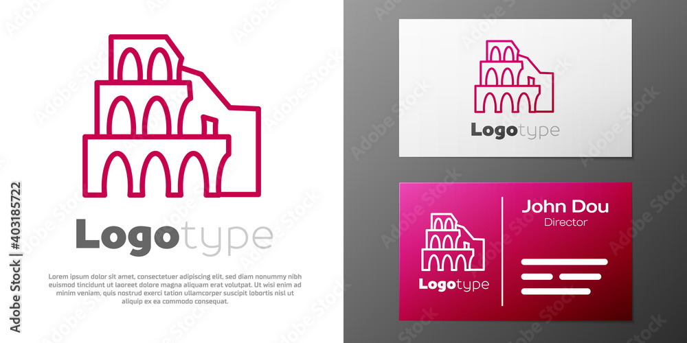 Logotype line Coliseum in Rome, Italy icon isolated on white background. Colosseum sign. Symbol of Ancient Rome, gladiator fights. Logo design template element. Vector.