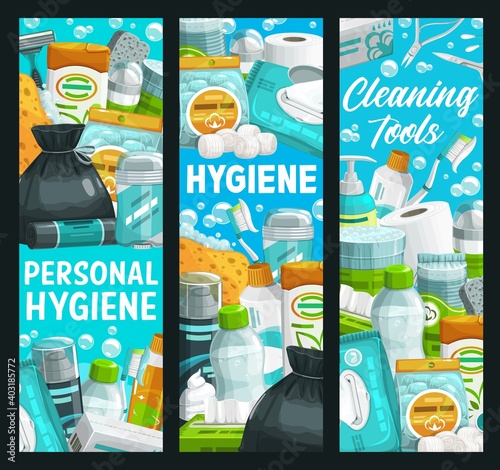 Hygiene, health and personal care, cleaning and bathing items, vector banner. Personal hygiene items, bathroom soap and cream, toothpaste and body shower gel, shampoo, shaving foam and toiletries