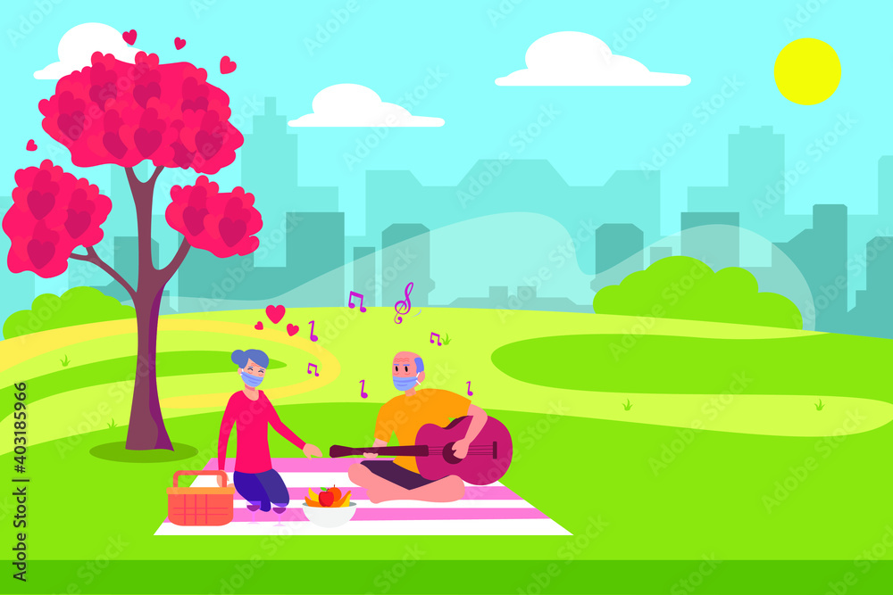 Happy senior couple wearing face mask and having picnic together while playing guitar at the park with heart shape symbol