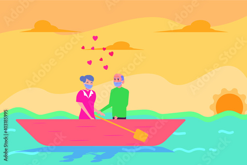 Happy senior couple in face mask riding boat together with heart shape symbol. Valentine day vector concept