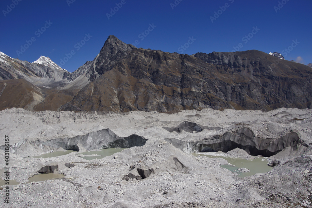 Ngozumpa glacier (longest Himalayan glacier). Stone covered glacier.