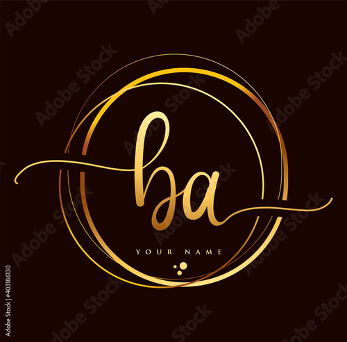 BA Initial handwriting logo golden color. Hand lettering Initials logo branding, Feminine and luxury logo design isolated on black background.